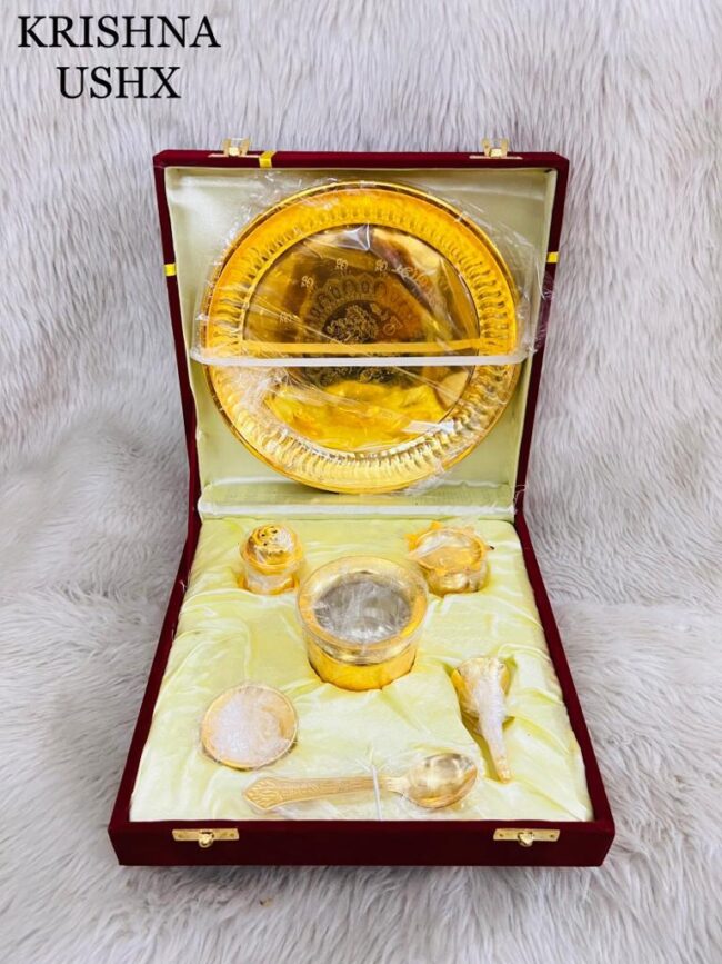 7 Pcs Golden Premium Pooja Thali Set Brass  (7 Pieces, Gold)