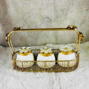 Golden Round Decorative metal basket with metal jars 2 jar set,