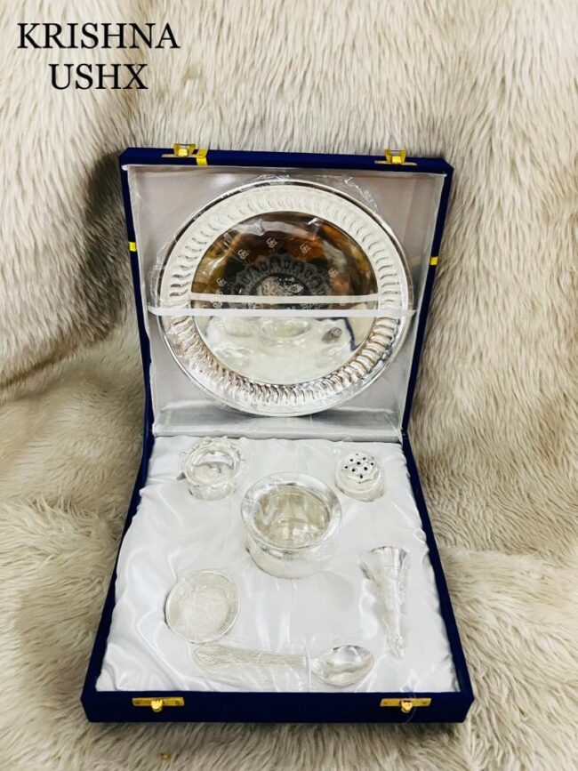 7 Pcs Silver Premium Pooja Thali Set  (7 Pieces, Silver)