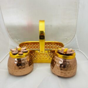 Metal Basket with Copper Jar Tray with Flower lid | Set of 2 Copper Flower Container, Dry Fruits Chocolate Sweets Candys Gifts Set for Office, Home Decor Table Decoration Item.