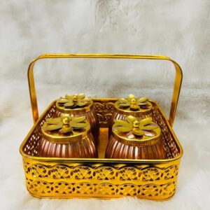 Metal Basket with Copper Jar Tray with Flower lid | Set of 4 Copper Flower Container, Dry Fruits Chocolate Sweets Candys Gifts Set for Office, Home Decor Table Decoration Item.