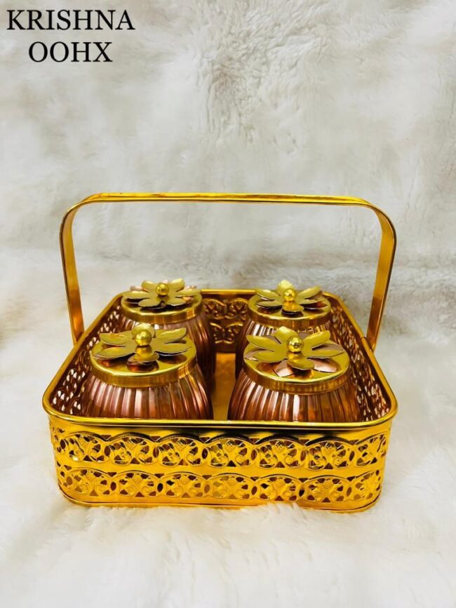 Metal Basket with Copper Jar Tray with Flower lid | Set of 4 Copper Flower Container, Dry Fruits Chocolate Sweets Candys Gifts Set for Office, Home Decor Table Decoration Item.