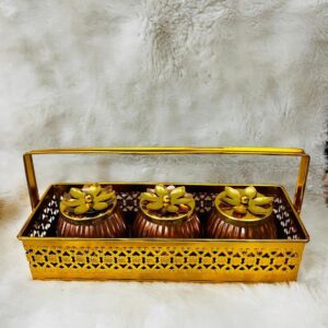 Metal Basket with Copper Jar Tray with Flower lid | Set of 3 Copper Flower Container, Dry Fruits Chocolate Sweets Candys Gifts Set for Office, Home Decor Table Decoration Item.