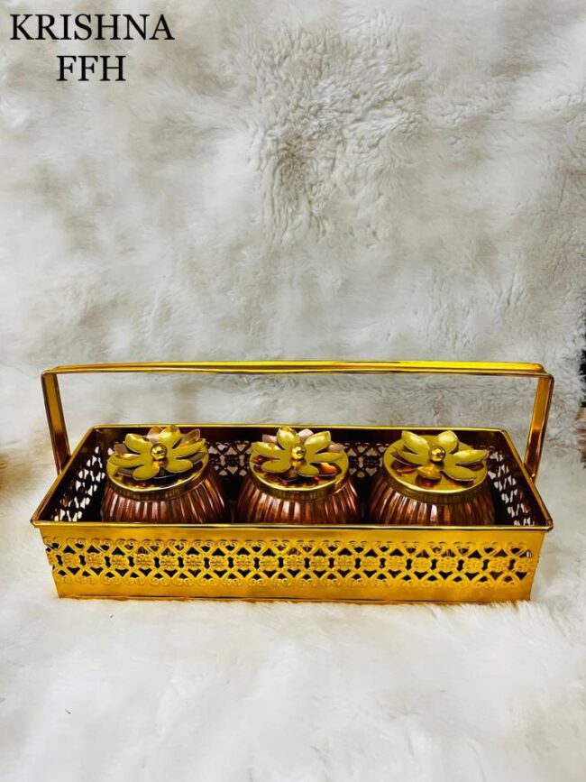 Metal Basket with Copper Jar Tray with Flower lid | Set of 3 Copper Flower Container, Dry Fruits Chocolate Sweets Candys Gifts Set for Office, Home Decor Table Decoration Item.