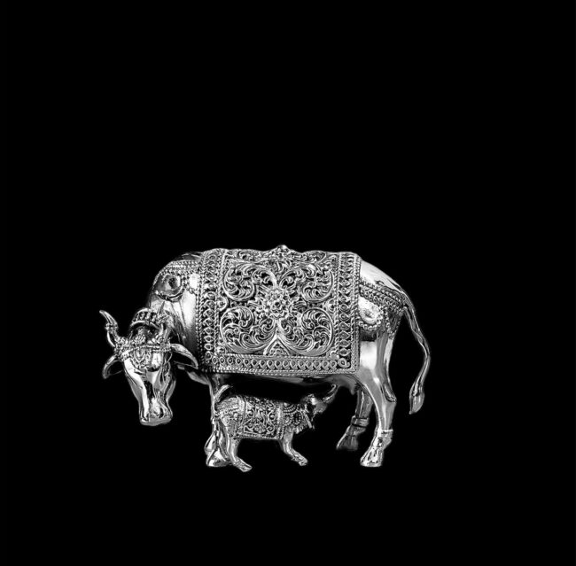 Kamdhenu Cow With Calf Silver Statue